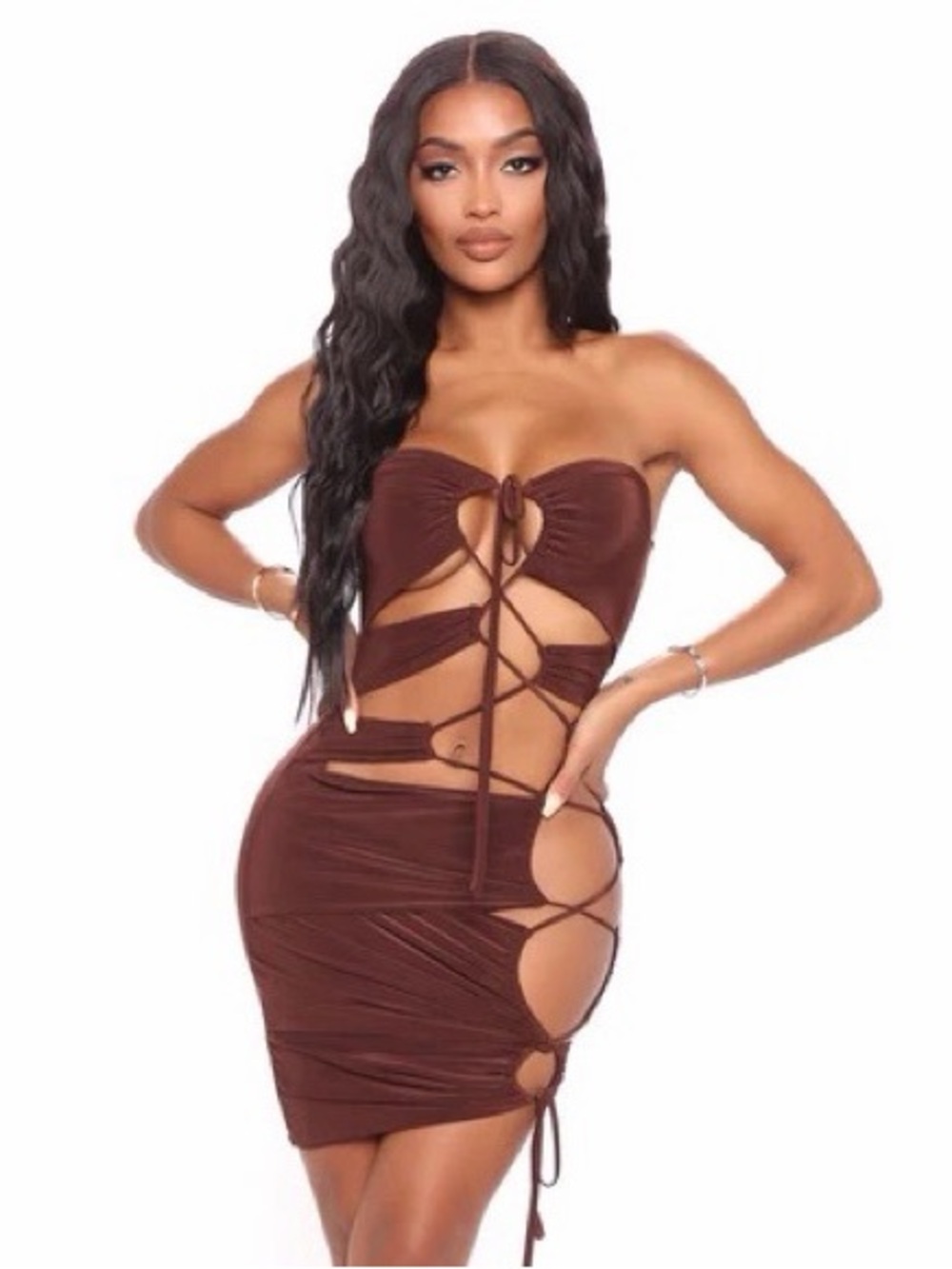 Fashion Nova Sensual Seduction Cut Out Mini Dress in Brown